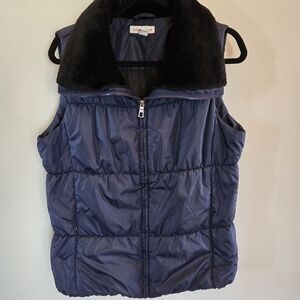 Coldwater Creek Puff Vest Womens Large 14 Navy/royal Purple Faux Fur Collar
